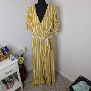 Modcloth x Collectif London Jumpsuit Sz XL Yellow Set Sail Wide Leg Striped
